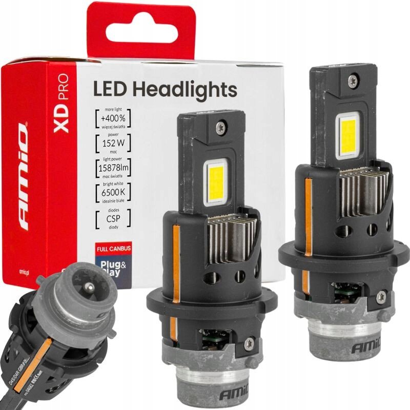 Na obrazie widoczne są dwie żarówki samochodowe LED oraz opakowanie z napisem \'LED Headlights\'. Na opakowaniu znajdują się informacje: \'+400% więcej światła\', \'152 W\', \'15878 lm\', \'6500K\', \'diody CSP\', \'FULL CANBUS\', \'Plug & Play\'.