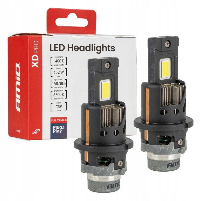 Na obrazie widoczne są dwie żarówki samochodowe LED oraz opakowanie z napisem \'Amio XD PRO LED Headlights\'. Opakowanie zawiera informacje: \'+400% więcej światła\', \'152 W\', \'15878 lm\', \'6500K idealnie białe\', \'CSP diody\', \'FULL CANBUS\', \'Plug & Play\'.