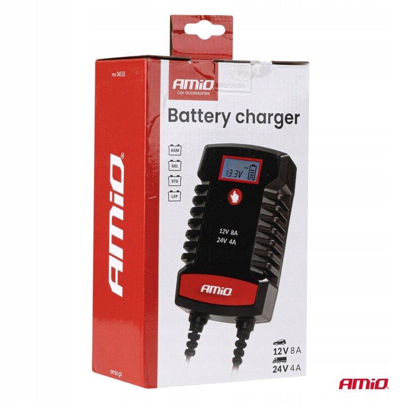 Opakowanie ładowarki do akumulatora z logo AMiO, z widocznym zdjęciem urządzenia i napisami \'Battery charger\', \'12V 8A\', \'24V 4A\'.