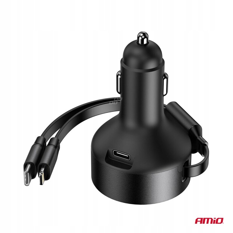 Czarna ładowarka samochodowa z dwoma kablami zakończonymi wtykami USB-C i Lightning. Widoczne logo: AMiO.
