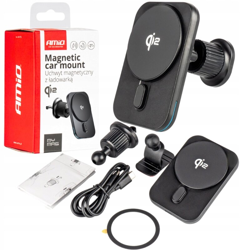 Na obrazie znajduje się zestaw ładowarki indukcyjnej z uchwytem magnetycznym, w skład którego wchodzą: uchwyt, kabel, instrukcja oraz opakowanie z napisem \'AMiO Magnetic car mount Uchwyt magnetyczny z ładowarką qi2\'. Widoczne jest logo \'AMiO\' oraz symbol \'qi2\' na produkcie.