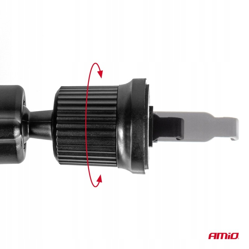 Czarny element mechaniczny z widocznym czerwonymi strzałkami wskazującymi kierunek obrotu. W prawym dolnym rogu znajduje się logo \'AMiO\'.