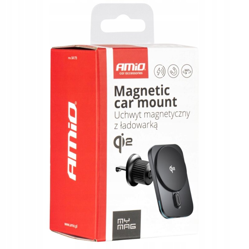Opakowanie produktu z napisem \'AMiO car accessories Magnetic car mount Uchwyt magnetyczny z ładowarką qi2\'. Widoczny jest obrazek uchwytu magnetycznego oraz logo AMiO.