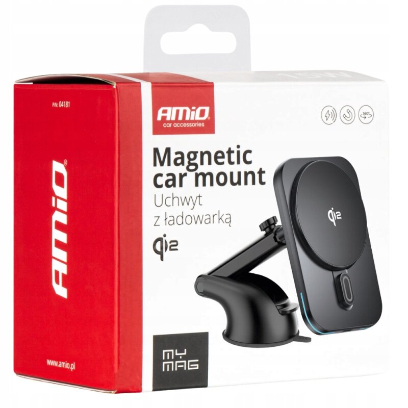 Opakowanie produktu z napisem \'AMiO car accessories Magnetic car mount Uchwyt z ładowarką Qi2\'. Widoczny jest obraz uchwytu samochodowego z ładowarką oraz logo AMiO.