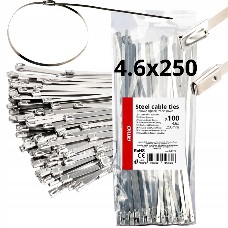 Na obrazie widoczne są stalowe opaski zaciskowe w opakowaniu z napisem \'Steel cable ties 4.6x250 x100\'. Obok opakowania znajduje się rozłożona opaska oraz stos opasek ułożonych jedna na drugiej.