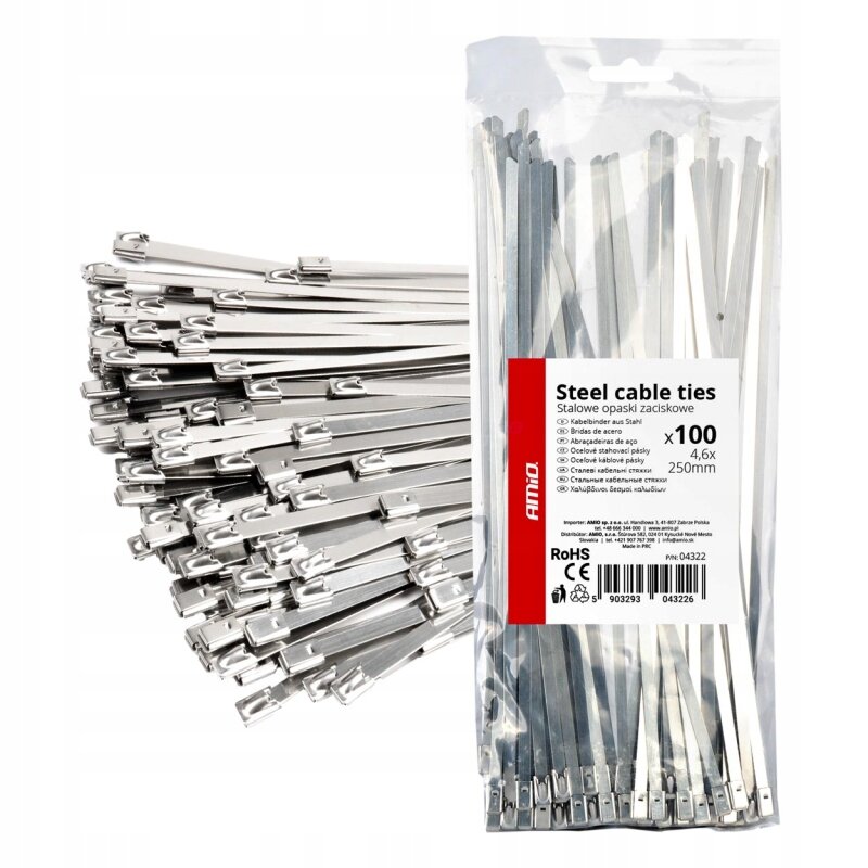 Zdjęcie przedstawia stalowe opaski zaciskowe w opakowaniu z etykietą zawierającą tekst: \'Steel cable ties Stalowe opaski zaciskowe x100 4.6x250mm\'. Widoczne są metalowe opaski z mechanizmem zaciskowym oraz logo \'AMiO\'.