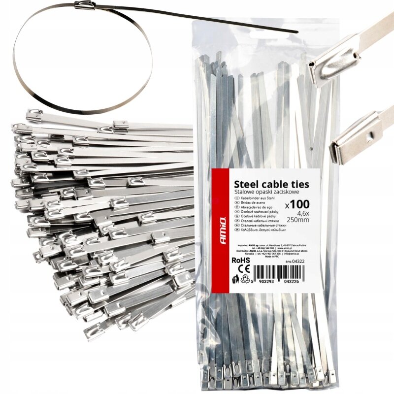 Na obrazie widoczne są stalowe opaski zaciskowe w opakowaniu z napisem \'Steel cable ties Stalowe opaski zaciskowe x100 4.6x250mm\'. Obok opakowania znajduje się rozłożona opaska zaciskowa oraz stos opasek.