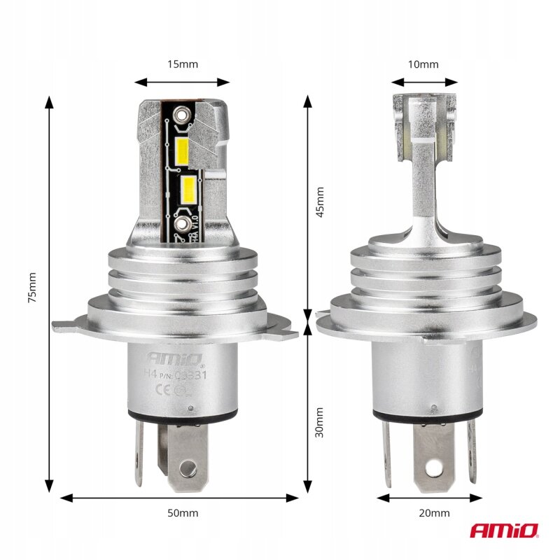 Obraz przedstawia dwie żarówki LED z oznaczeniami wymiarów: 75mm, 50mm, 15mm, 45mm, 30mm, 10mm, 20mm. Widoczne jest logo \'AMiO\' na dole po prawej stronie.