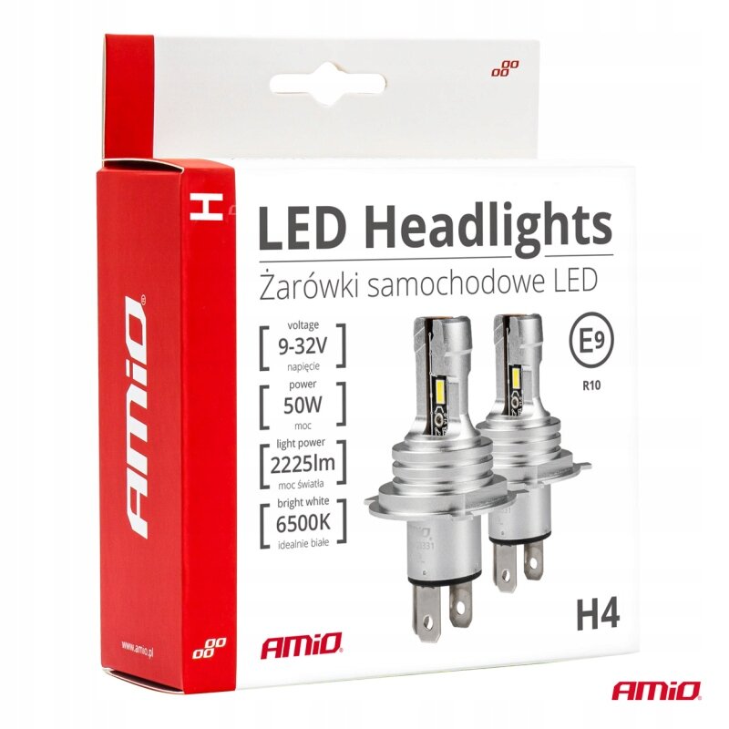 Opakowanie żarówek samochodowych LED marki AMiO z widocznymi dwoma żarówkami. Na opakowaniu znajdują się informacje: \'LED Headlights\', \'Żarówki samochodowe LED\', \'voltage 9-32V\', \'power 50W\', \'light power 2225lm\', \'bright white 6500K\', oraz logo AMiO.