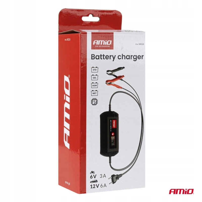 Opakowanie ładowarki do akumulatora marki AMiO z ilustracją urządzenia i kabli. Widoczne napisy: \'Battery charger\', \'6V 3A\', \'12V 6A\', oraz ikony typów akumulatorów: STD, GEL, AGM, WET.