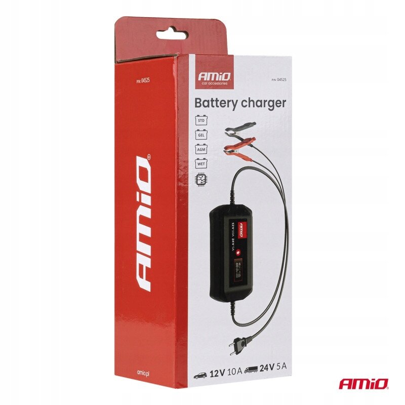 Opakowanie ładowarki do akumulatora z logo AMiO, przedstawiające urządzenie z kablami i klamrami. Na opakowaniu widnieje tekst: \'Battery charger\', \'12V 10A\', \'24V 5A\', oraz symbole STD, GEL, AGM, WET.