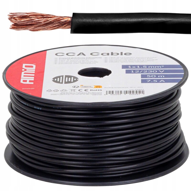 Zdjęcie przedstawia czarny kabel elektryczny nawinięty na szpulę z etykietą \'CCA Cable\'. Na etykiecie widnieje tekst: \'1x1.5 mm², 12/230 V, 50 m, 7.5 A\'.