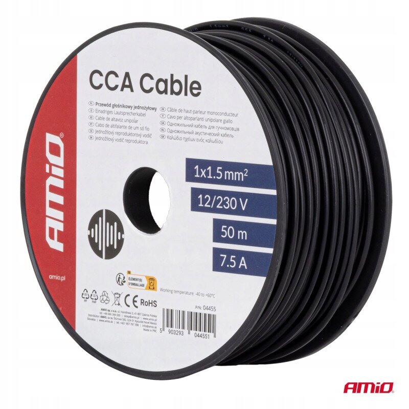 Zdjęcie przedstawia czarny kabel nawinięty na szpulę z etykietą \'CCA Cable\' oraz specyfikacją: 1x1.5 mm², 12/230 V, 50 m, 7.5 A. Widoczne jest logo \'Amio\' oraz oznaczenia CE i RoHS.