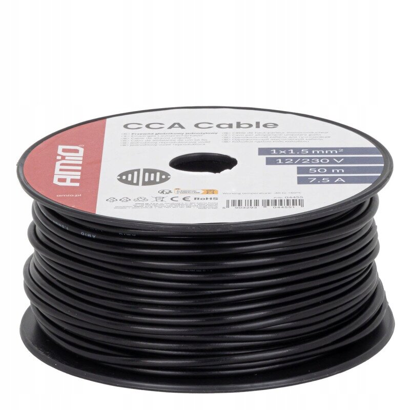 Zdjęcie przedstawia czarny kabel elektryczny nawinięty na szpulę z etykietą \'CCA Cable\' oraz informacjami: \'1x1.5 mm²\', \'12/230 V\', \'50 m\', \'7.5 A\'. Widoczne jest logo \'AMIO\'.