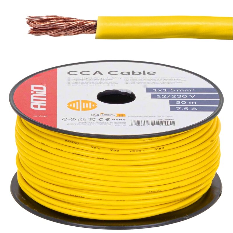 Zdjęcie przedstawia żółty kabel jednożyłowy nawinięty na szpulę z widocznym napisem \'CCA Cable\'. Na etykiecie znajdują się informacje: \'1x1.5 mm²\', \'12/230 V\', \'50 m\', \'7.5 A\' oraz logo \'amio\'.