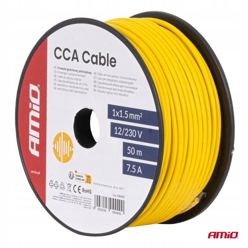 Zdjęcie przedstawia żółty kabel jednożyłowy nawinięty na szpulę z etykietą \'CCA Cable\'. Na etykiecie widnieją informacje: \'1x1.5 mm²\', \'12/230 V\', \'50 m\', \'7.5 A\' oraz logo \'Amio\'.