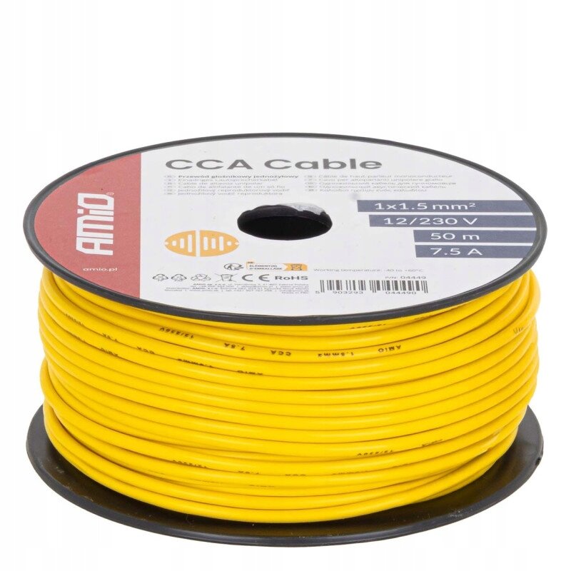 Zdjęcie przedstawia żółty kabel elektryczny nawinięty na szpulę z etykietą \'CCA Cable\'. Na etykiecie widnieją informacje: \'1x1.5 mm²\', \'12/230 V\', \'50 m\', \'7.5 A\' oraz logo \'AMIO\'.