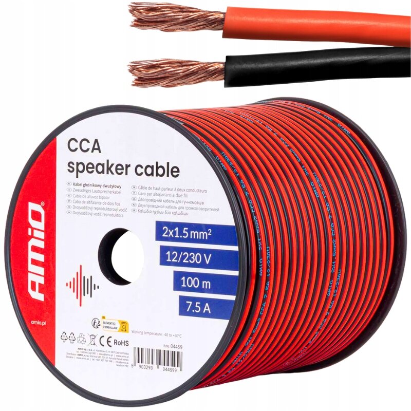 Zdjęcie przedstawia cewkę czerwono-czarnego kabla głośnikowego z oznaczeniami: \'CCA speaker cable\', \'2x1.5 mm²\', \'12/230 V\', \'100 m\', \'7.5 A\'. Widoczne jest logo \'Amio\' oraz kilka ikon certyfikatów.