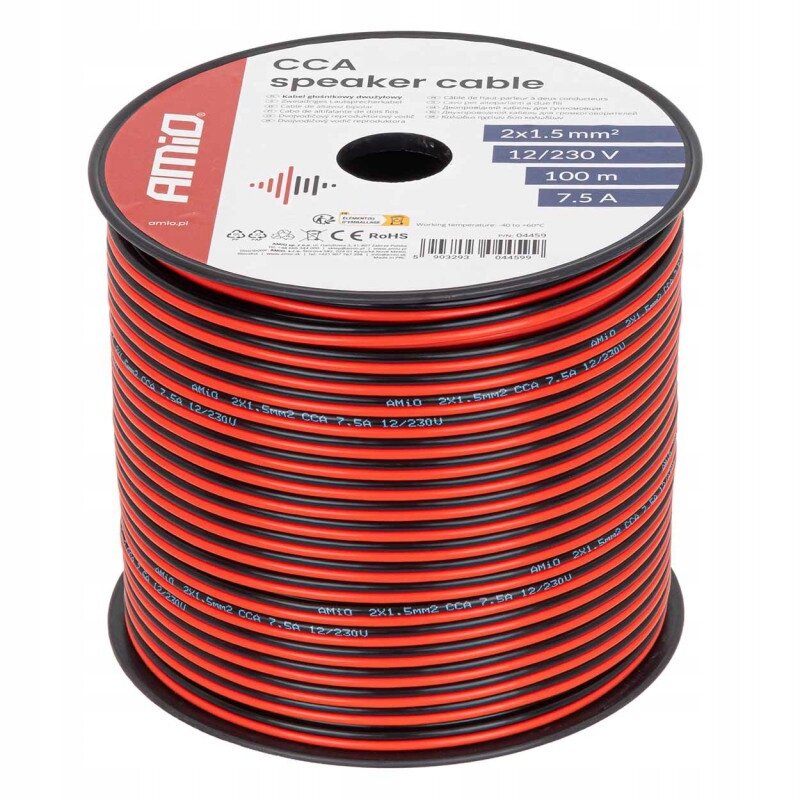 Zdjęcie przedstawia szpulę czerwono-czarnego kabla głośnikowego z oznaczeniami \'amio 2x1.5mm2 CCA 7.5A 12/230V\'. Na górze szpuli widnieje etykieta z napisem \'CCA speaker cable\' oraz specyfikacjami: \'2x1.5 mm2\', \'12/230 V\', \'100 m\', \'7.5 A\'.