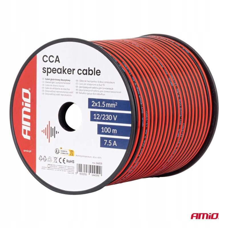 Zdjęcie przedstawia szpulę czerwono-czarnego kabla głośnikowego z oznaczeniami: \'CCA speaker cable\', \'2x1.5mm²\', \'12/230 V\', \'100 m\', \'7.5 A\'. Widoczne jest logo \'AMiO\' oraz dodatkowe informacje techniczne i certyfikaty na etykiecie.