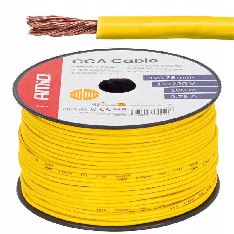 Zdjęcie przedstawia żółty kabel jednożyłowy nawinięty na szpulę z etykietą \'CCA Cable\' oraz specyfikacją: 1x0.75 mm², 12/230 V, 100 m, 3.75 A. Na etykiecie widoczne jest logo \'AMIO\'.