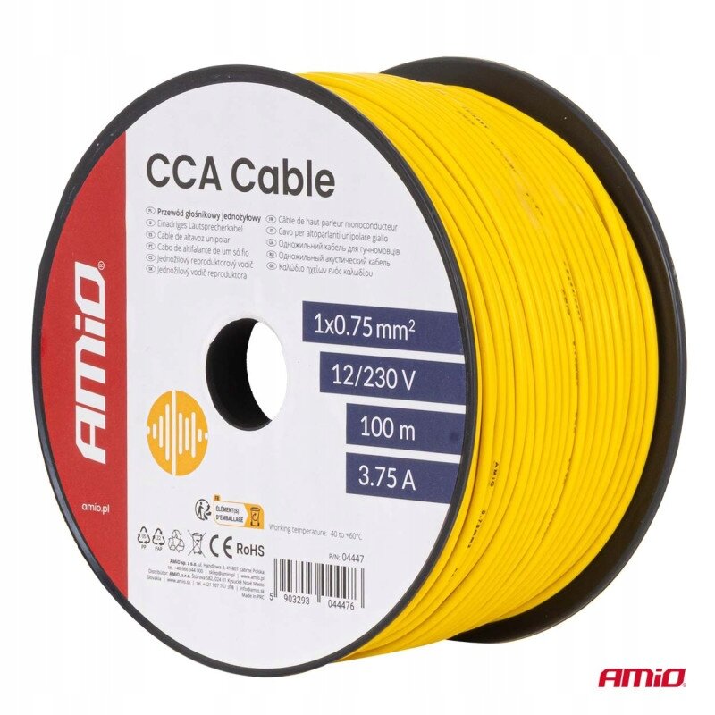 Zdjęcie przedstawia żółty kabel nawinięty na szpulę z etykietą \'CCA Cable\' oraz specyfikacją: 1x0.75 mm², 12/230 V, 100 m, 3.75 A. Widoczne jest logo \'Amio\' oraz oznaczenia certyfikatów i kod kreskowy.