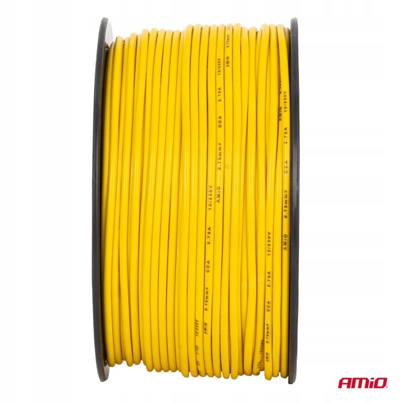 Zdjęcie przedstawia żółty kabel jednożyłowy nawinięty na czarną szpulę. Na kablu widoczny jest tekst: \'AMIO 1/2/3/0V 11/23V CCA 1.1mm 11/23V\'.