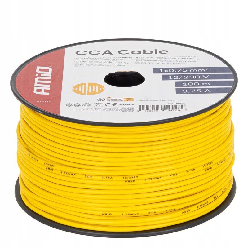 Zdjęcie przedstawia żółty kabel jednożyłowy nawinięty na szpulę z etykietą \'CCA Cable\' oraz specyfikacją: 1x0.75 mm², 12/230 V, 100 m, 3.75 A. Na etykiecie widoczne jest logo \'AMIO\'.