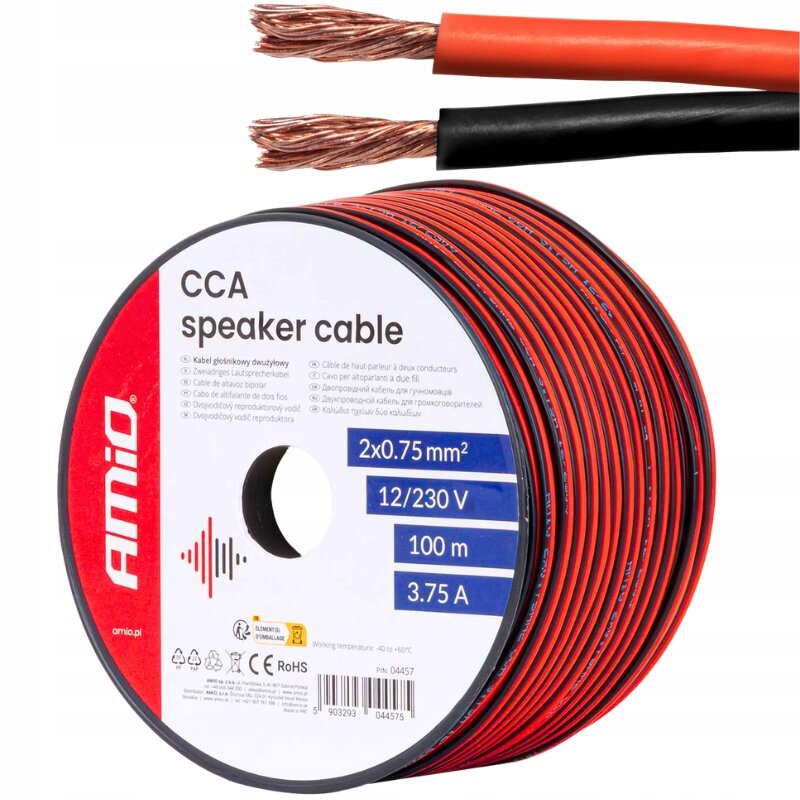 Zdjęcie przedstawia szpulę czerwono-czarnego kabla głośnikowego z oznaczeniami: \'CCA speaker cable\', \'2x0.75 mm²\', \'12/230 V\', \'100 m\', \'3.75 A\'. Widoczne jest logo \'amio\'.