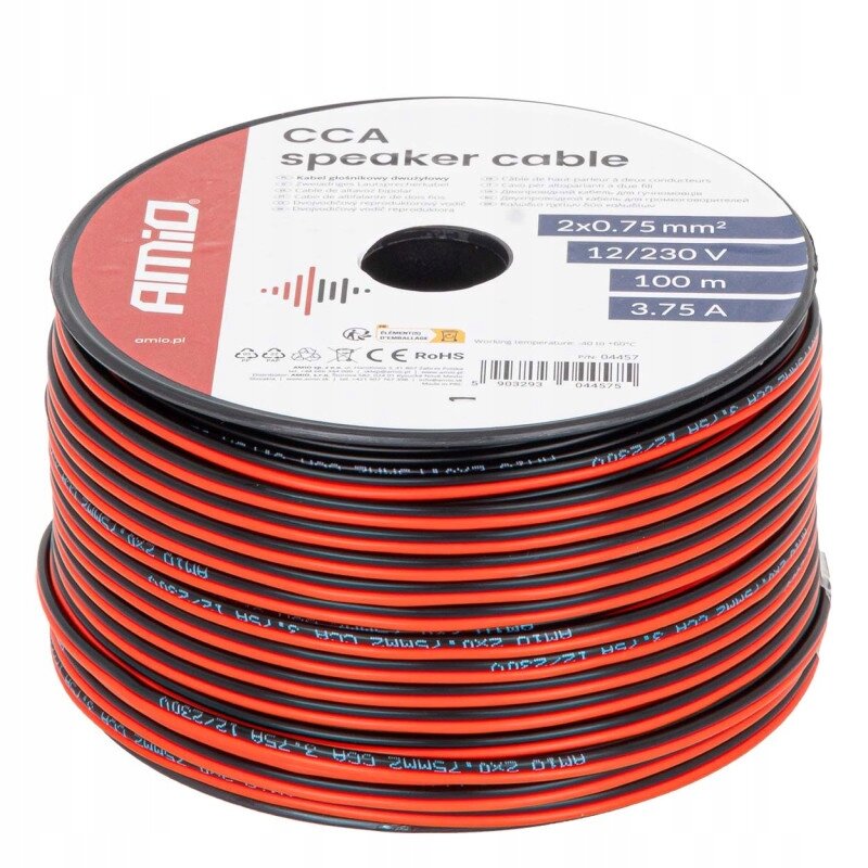 Zdjęcie przedstawia szpulę kabla głośnikowego z czerwono-czarnym przewodem. Na etykiecie widnieje napis: \'CCA speaker cable 2x0.75 mm² 12/230 V 100 m 3.75 A\'.