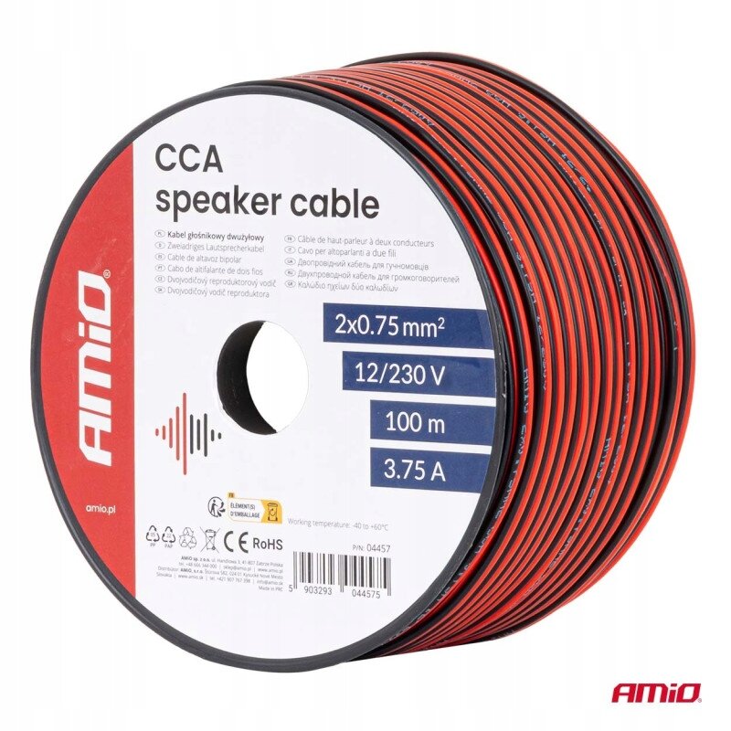 Zdjęcie przedstawia szpulę czerwono-czarnego kabla głośnikowego z oznaczeniami: \'CCA speaker cable\', \'2x0.75 mm²\', \'12/230 V\', \'100 m\', \'3.75 A\'. Widoczne jest logo \'Amio\' oraz informacje o certyfikatach CE i RoHS.