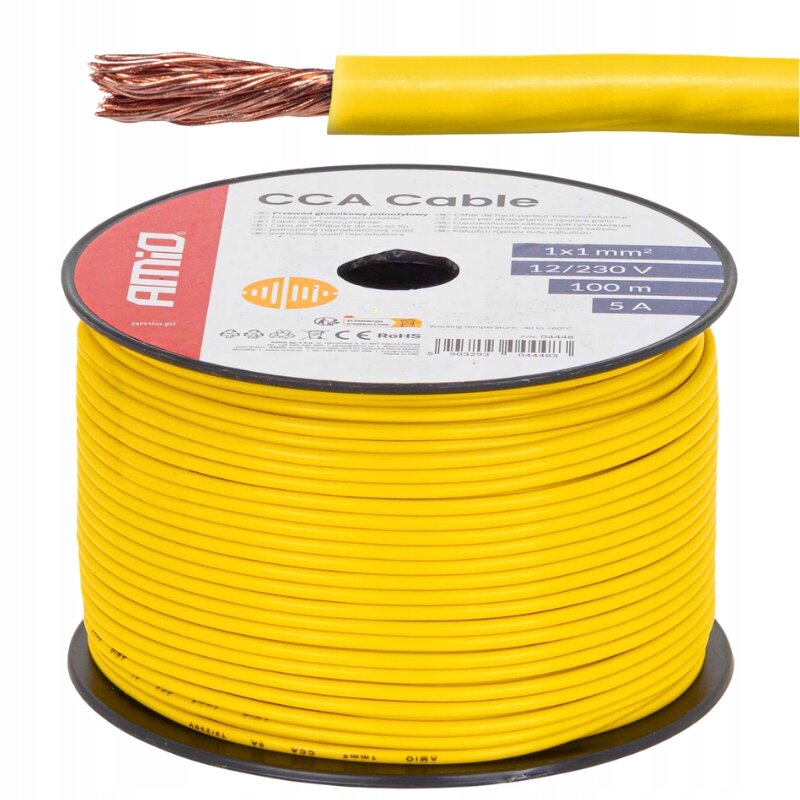 Zdjęcie przedstawia żółty kabel jednożyłowy nawinięty na szpulę z widocznym napisem \'CCA Cable\' oraz specyfikacją \'1x1 mm², 12/230 V, 100 m, 5 A\'.