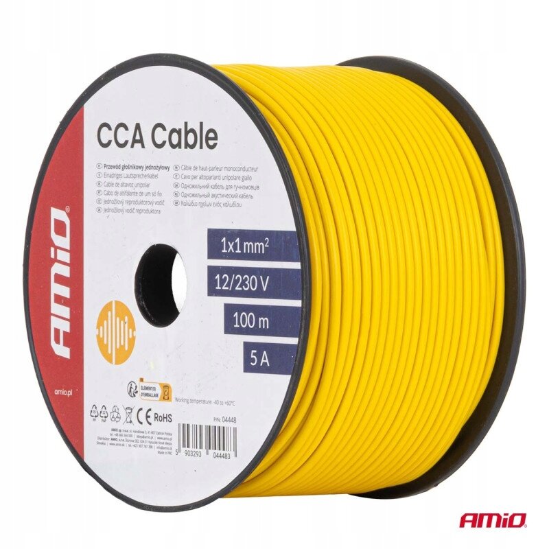 Zdjęcie przedstawia żółty kabel jednożyłowy nawinięty na szpulę z etykietą \'CCA Cable\'. Na etykiecie widnieje tekst: \'1x1 mm², 12/230 V, 100 m, 5 A\', a także logo \'AMiO\'.