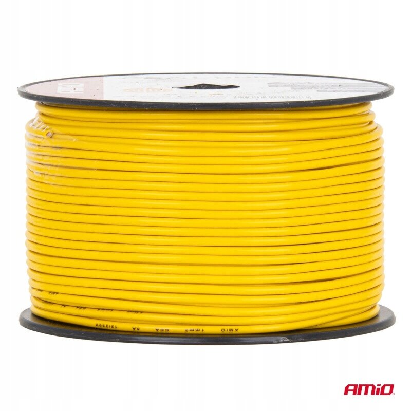 Zdjęcie przedstawia żółty kabel jednożyłowy nawinięty na czarną szpulę. W prawym dolnym rogu widoczne jest logo \'AMiO\'.