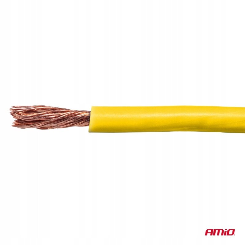 Obraz przedstawia żółty kabel jednożyłowy z odsłoniętymi miedzianymi drutami na jednym końcu. W prawym dolnym rogu widoczne jest logo \'AMIO\'.
