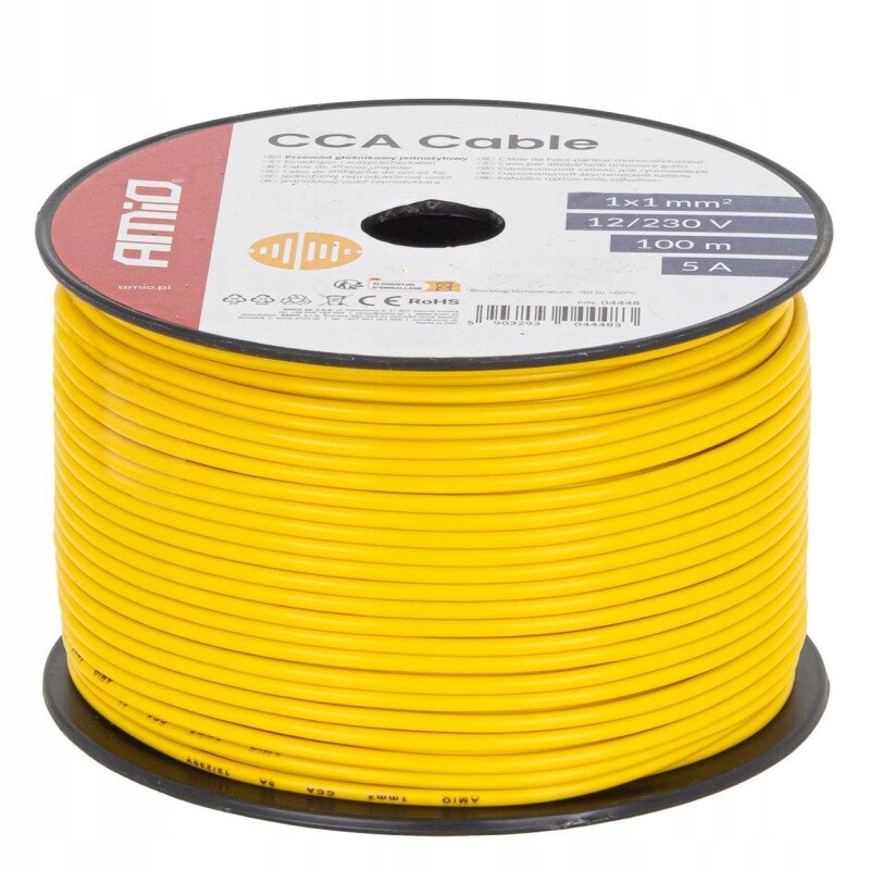Zdjęcie przedstawia żółty kabel jednożyłowy nawinięty na czarną szpulę z etykietą \'CCA Cable\'. Na etykiecie widnieje tekst: \'1x1 mm², 12/230 V, 100 m, 5 A\'.