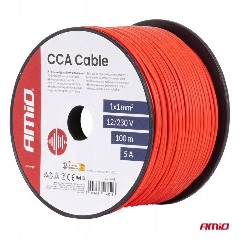 Zdjęcie przedstawia czerwoną szpulę kabla z oznaczeniami: \'CCA Cable\', \'1x1 mm²\', \'12/230 V\', \'100 m\', \'5 A\'. Widoczne jest logo \'AMiO\' oraz informacje o certyfikatach i temperaturze pracy.