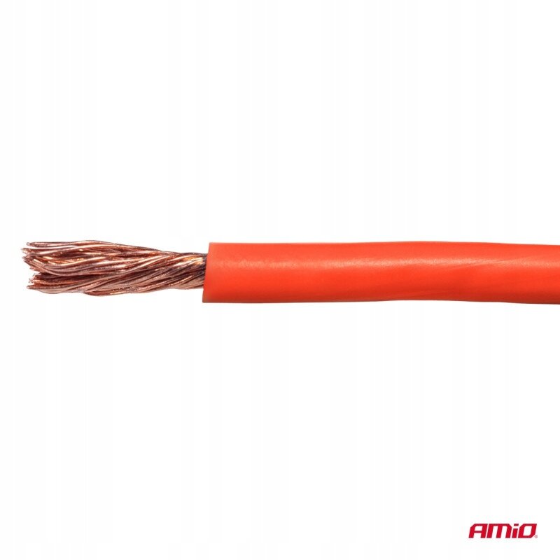 Obraz przedstawia czerwony kabel jednożyłowy z odsłoniętymi miedzianymi drutami na końcu. W prawym dolnym rogu widoczne jest logo \'AMiO\'.
