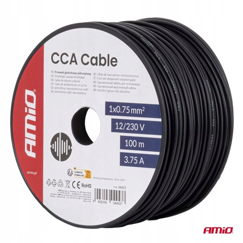 Zdjęcie przedstawia czarny kabel nawinięty na szpulę z etykietą \'CCA Cable\' oraz specyfikacją: 1x0.75 mm², 12/230 V, 100 m, 3.75 A. Widoczne jest logo \'Amio\'.