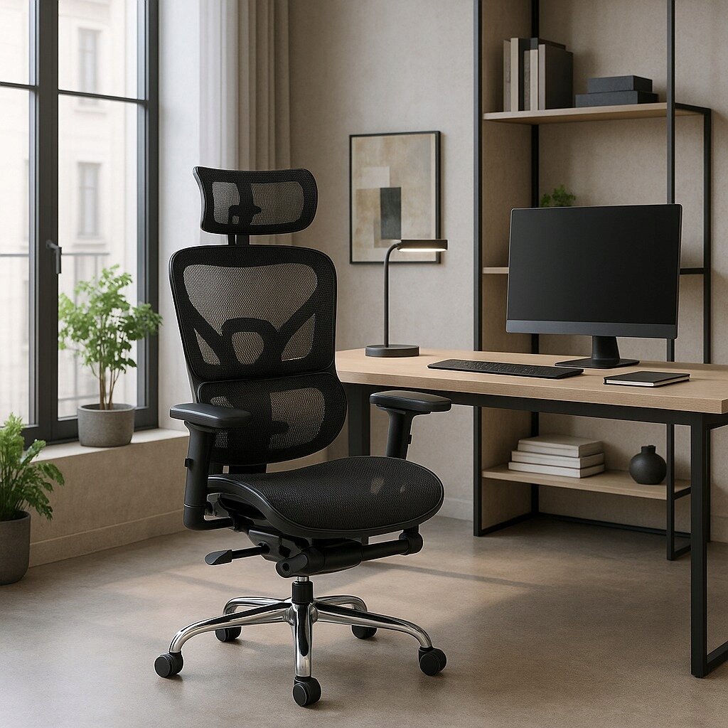 Na obrazie znajduje się czarny, ergonomiczny fotel biurowy obrotowy ustawiony przed biurkiem z monitorem, klawiaturą i lampką. W tle widać regał z książkami i dekoracjami oraz duże okno z rośliną w doniczce.
