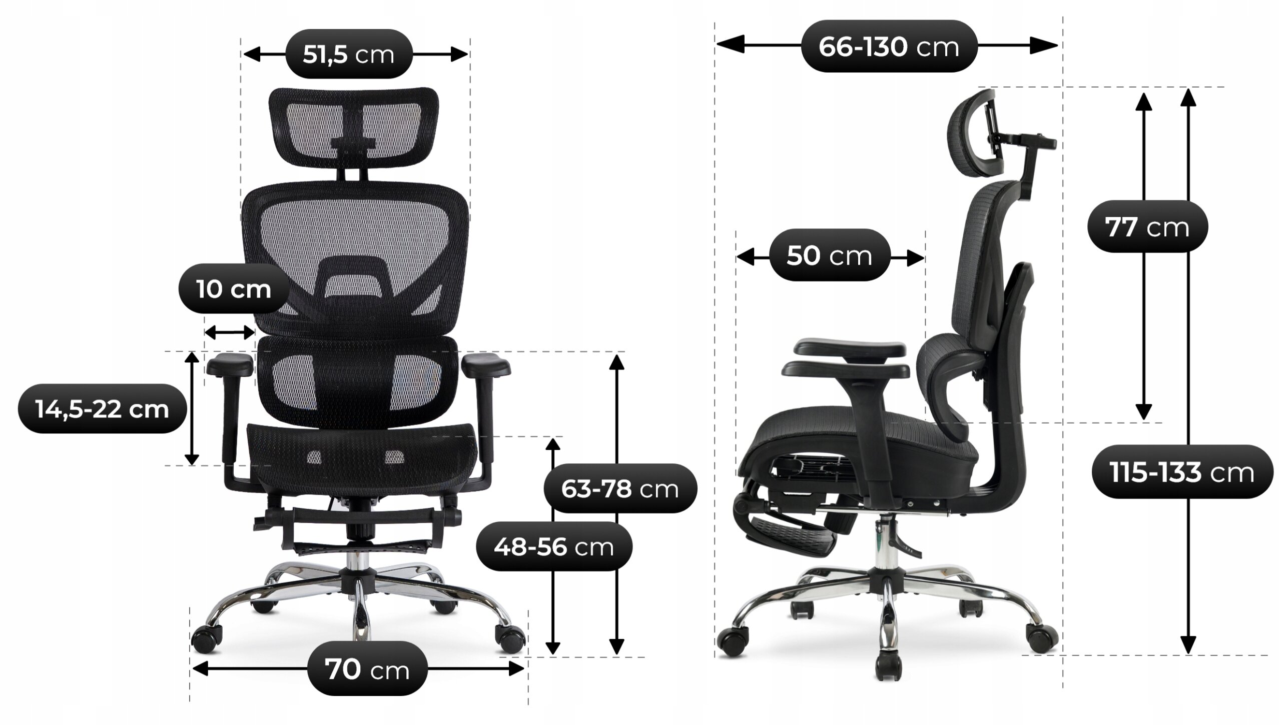 Obraz przedstawia czarny fotel biurowy obrotowy z ergonomicznym designem, z widocznymi wymiarami: szerokość siedziska 51,5 cm, głębokość siedziska 50 cm, wysokość oparcia 77 cm, regulacja wysokości siedziska 48-56 cm, szerokość podstawy 70 cm, oraz regulacja wysokości całkowitej 115-133 cm.