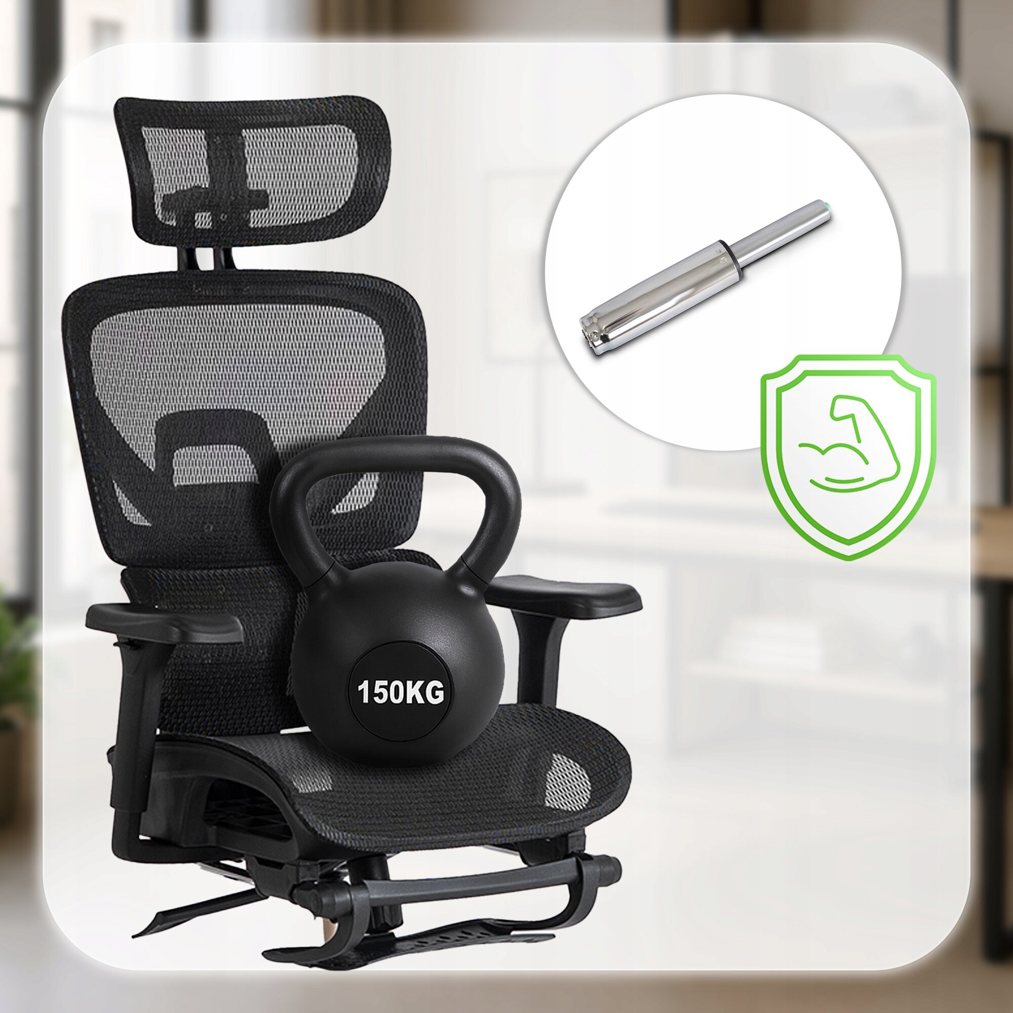 Czarny fotel biurowy obrotowy z ergonomicznym oparciem i podłokietnikami, na którym umieszczono czarny kettlebell z napisem \'150KG\'. Obok fotela widoczny jest metalowy element oraz zielona ikona z symbolem bicepsa w tarczy.