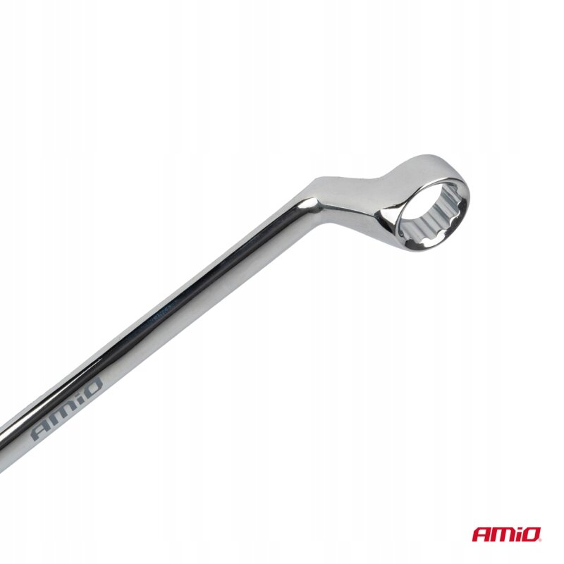 Na obrazie widoczny jest metalowy klucz oczkowy z logo \'AMiO\'. Klucz ma błyszczącą powierzchnię i odgiętą końcówkę.