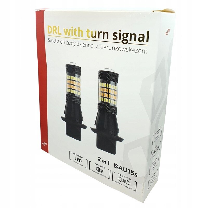 Opakowanie produktu z napisem \'DRL with turn signal Światła do jazdy dziennej z kierunkowskazem\'. Widoczne są dwie żarówki oraz oznaczenia: \'LED\', \'2 IN 1\', \'BAU15s\'.