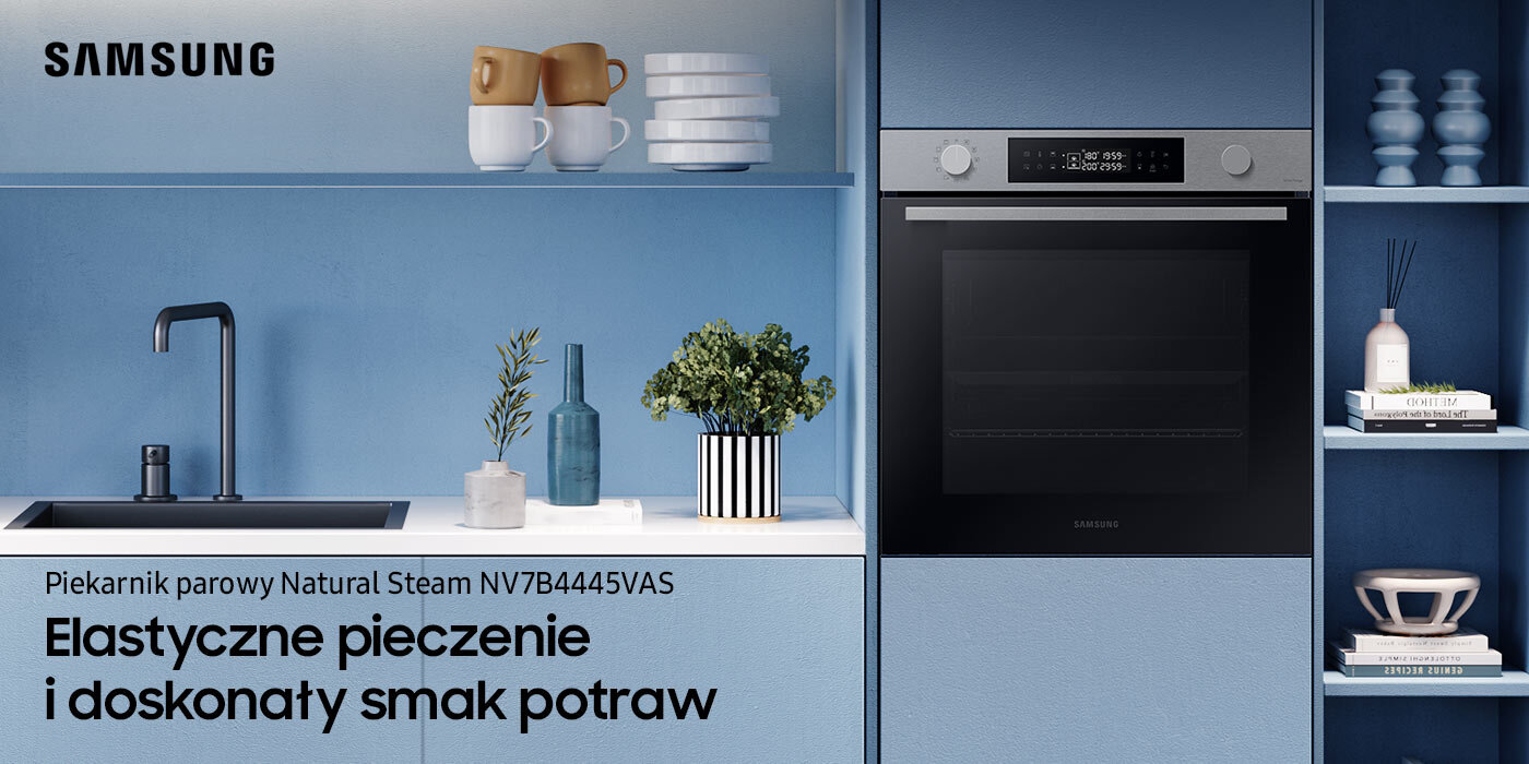 Na zdjęciu pokazano piekarnik Samsung NV7B4445VAS/U2 z oferty Media Expert włączony w zabudowę kuchenną