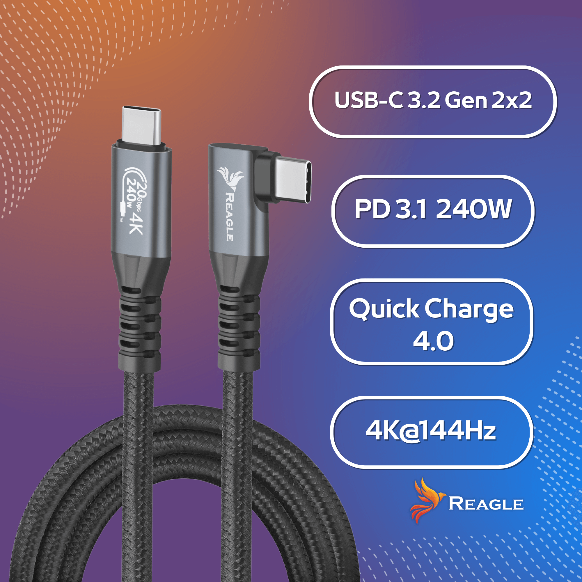 Obraz przedstawia dwa kable USB-C z logo REAGLE na tle gradientu. Widoczne napisy to: \'USB-C 3.2 Gen 2x2\', \'PD 3.1 240W\', \'Quick Charge 4.0\', \'4K@144Hz\'.