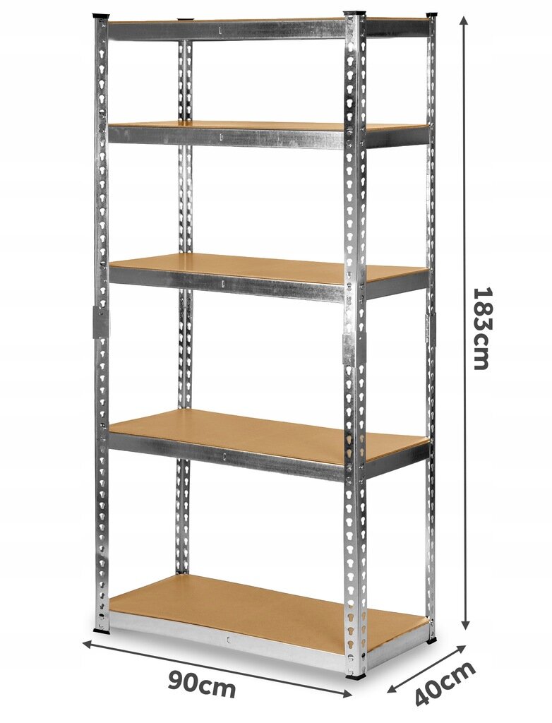 Metalowy regał magazynowy z pięcioma półkami, wykonany z metalu i drewna. Wymiary regału to 183 cm wysokości, 90 cm szerokości i 40 cm głębokości.
