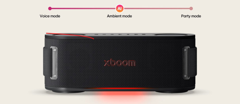 Głośnik mobilny LG Bounce AI Lighting synchronizacja muzyka, głośnik mobilny stojący przodem na białym tle