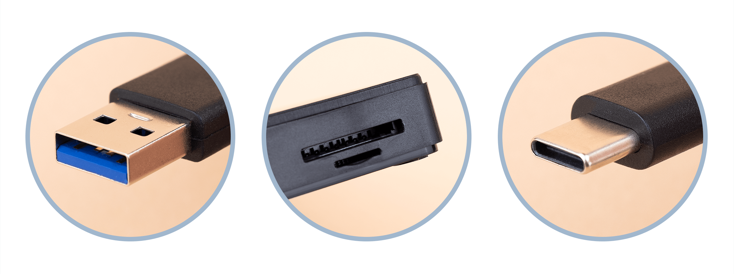 Obraz przedstawia trzy zbliżenia na porty: USB-A z niebieskim wnętrzem, czytnik kart SD/Micro SD oraz port USB-C, wszystkie w czarnych obudowach.