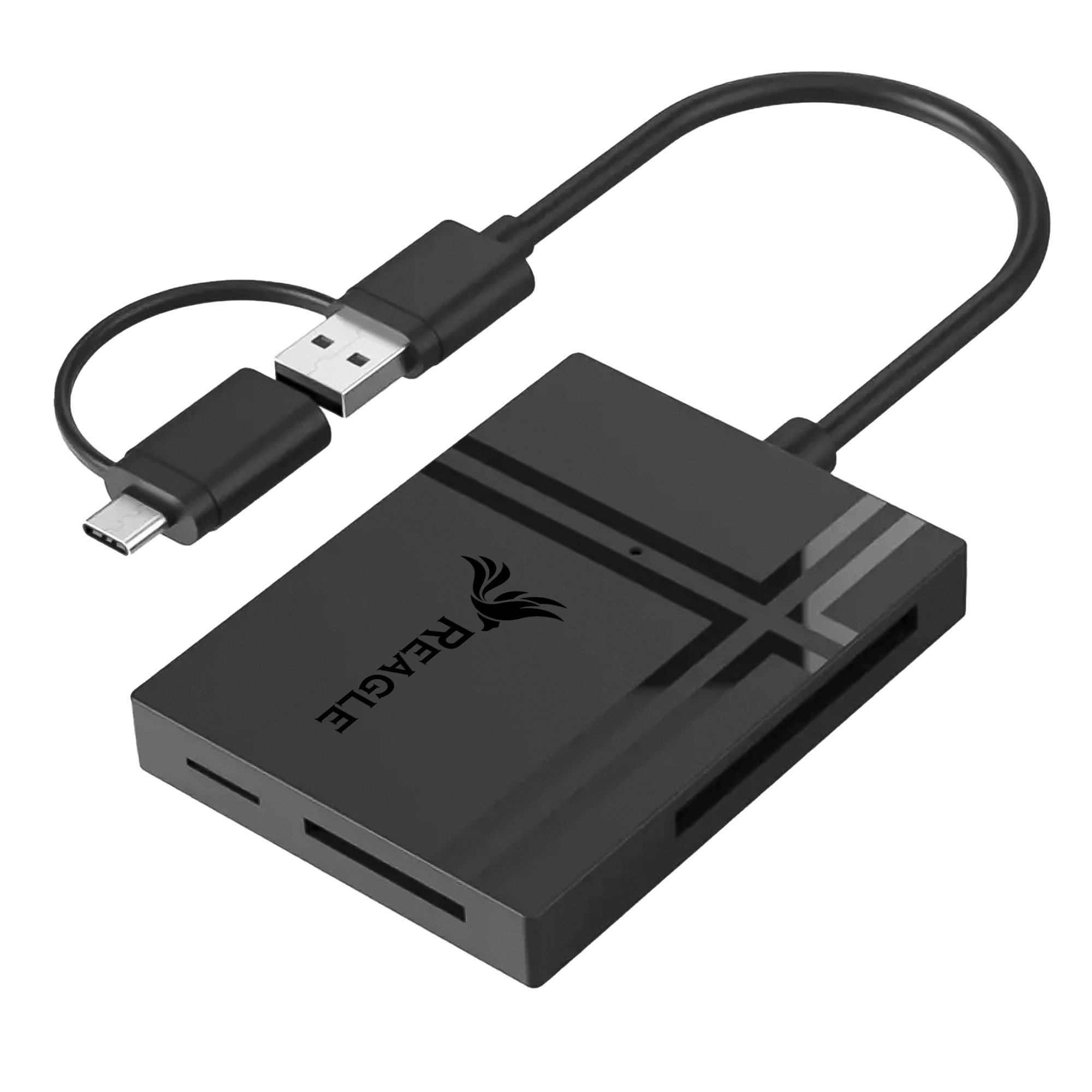 Na obrazie widoczny jest czarny czytnik kart pamięci z logo REAGLE, posiadający kilka slotów na karty oraz dwa kable z końcówkami USB-A i USB-C.